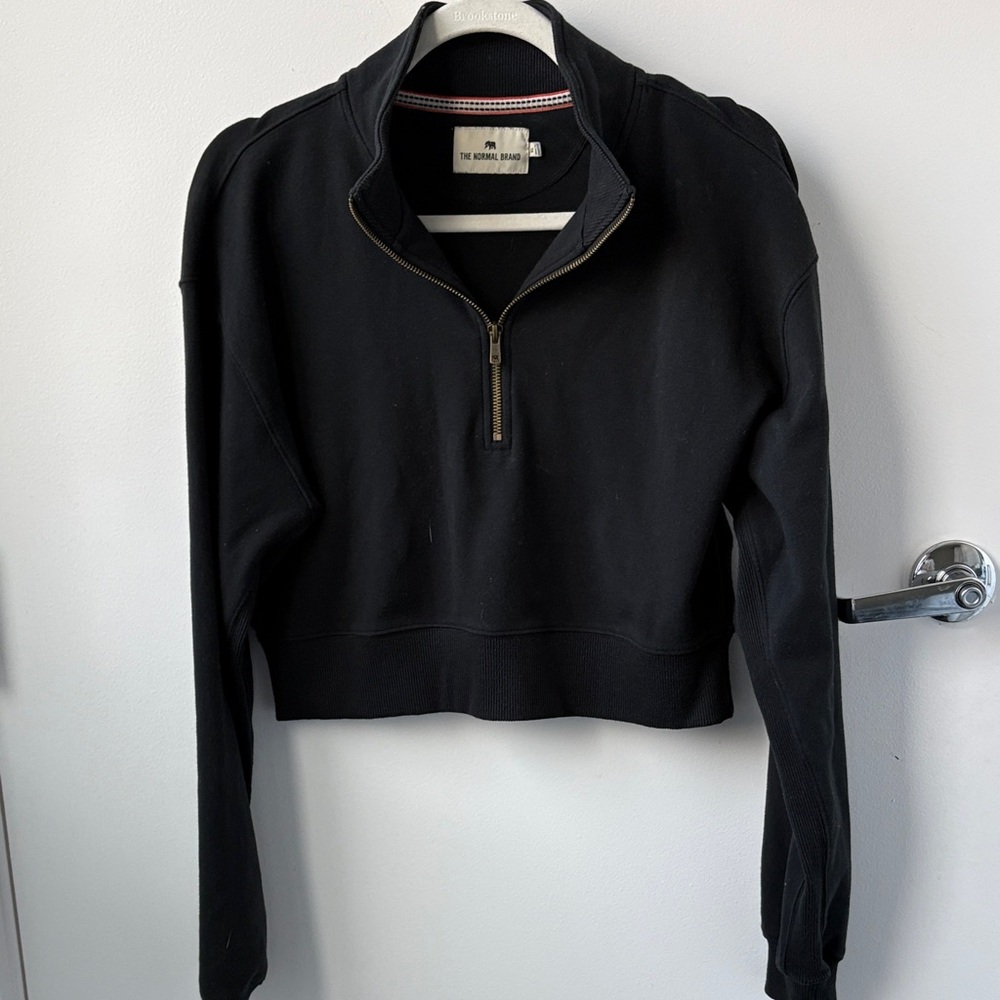 The Normal Brand Black Cropped Half-Zip Sweatshirt